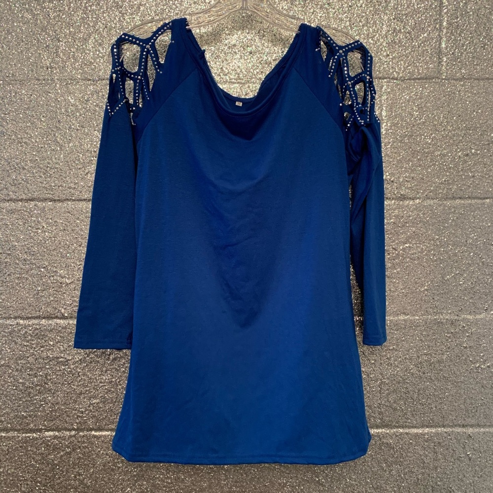 Blue 3/4 sleeve blouse with bling
